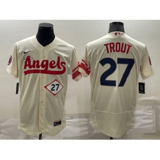 Men's Los Angeles Angels 27 Mike Trout Number Cream 2022 City Connect Flex Base Stitched Jersey