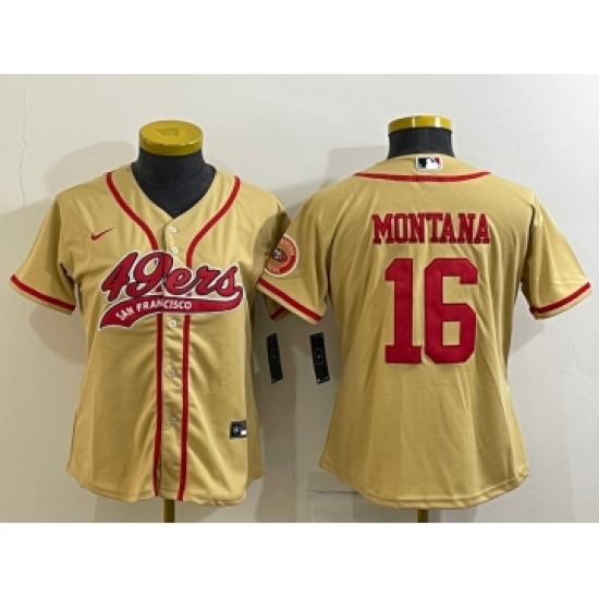 Women's San Francisco 49ers 16 Joe Montana Gold With Patch Cool Base Stitched Baseball Jersey