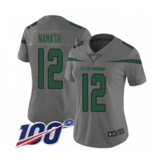 Women's New York Jets 12 Joe Namath Limited Gray Inverted Legend 100th Season Football Jersey