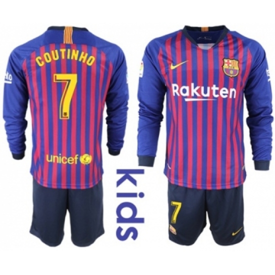 Barcelona 7 Coutinho Home Long Sleeves Kid Soccer Club Jersey