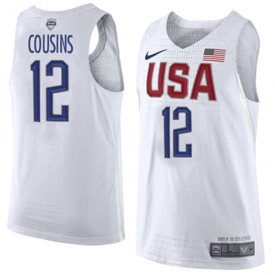Men's Nike Team USA 12 DeMarcus Cousins Authentic White 2016 Olympic Basketball Jersey