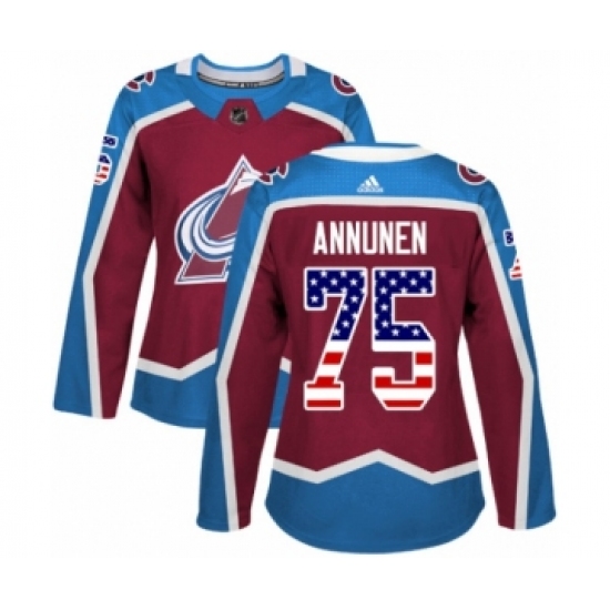 Women's Adidas Colorado Avalanche 75 Justus Annunen Authentic Burgundy Red USA Flag Fashion NHL Jersey