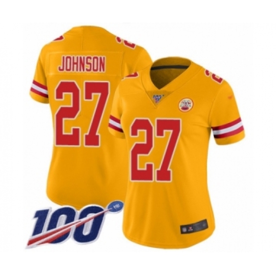 Women's Kansas City Chiefs 27 Larry Johnson Limited Gold Inverted Legend 100th Season Football Jersey