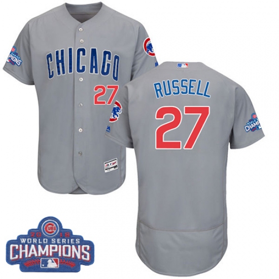 Men's Majestic Chicago Cubs 27 Addison Russell Grey 2016 World Series Champions Flexbase Authentic Collection MLB Jersey