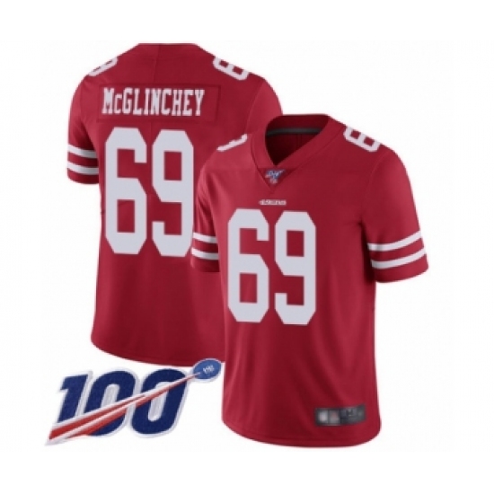 Men's San Francisco 49ers 69 Mike McGlinchey Red Team Color Vapor Untouchable Limited Player 100th Season Football Jersey