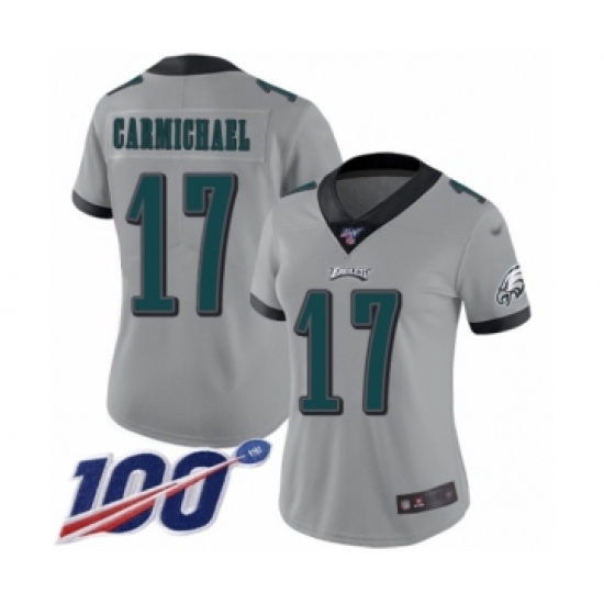 Women's Philadelphia Eagles 17 Harold Carmichael Limited Silver Inverted Legend 100th Season Football Jersey