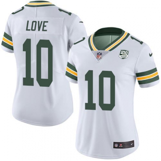 Women's Green Bay Packers 10 Jordan Love White 100th Season Stitched NFL Vapor Untouchable Limited Jersey