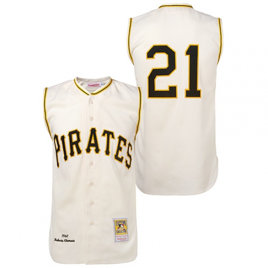 Men's Mitchell and Ness 1960 Pittsburgh Pirates 21 Roberto Clemente Authentic Cream Throwback MLB Jersey