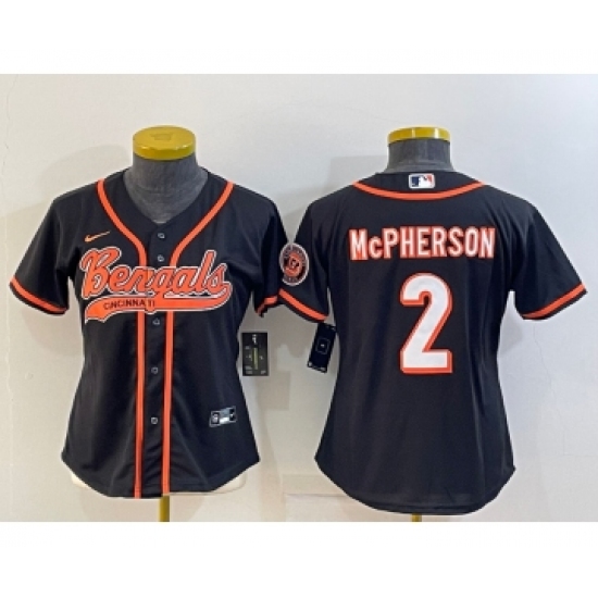 Women's Cincinnati Bengals 2 Evan McPherson Black With Patch Cool Base Stitched Baseball Jersey