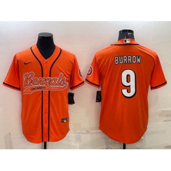 Men's Cincinnati Bengals 9 Joe Burrow Orange With Patch Cool Base Stitched Baseball Jersey