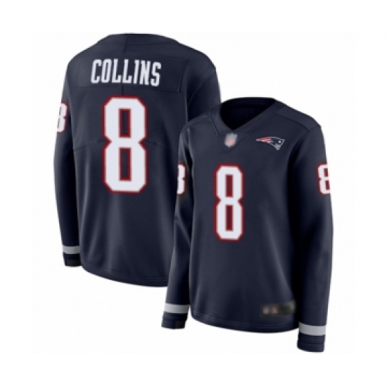 Women's New England Patriots 8 Jamie Collins Limited Navy Blue Therma Long Sleeve Football Jersey