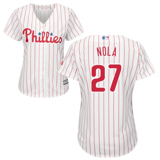 Women's Majestic Philadelphia Phillies 27 Aaron Nola Replica White/Red Strip Home Cool Base MLB Jersey