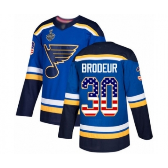 Men's St. Louis Blues 30 Martin Brodeur Authentic Blue USA Flag Fashion 2019 Stanley Cup Final Bound Hockey Jersey