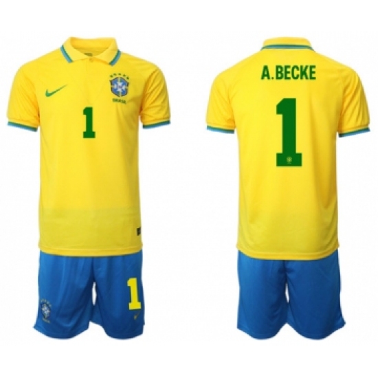 Men's Brazil 1 A. Becke Yellow Home Soccer Jersey Suit