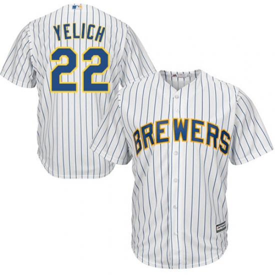 Men's Milwaukee Brewers 22 Christian Yelich White(Blue Strip) New Cool Base Stitched MLB Jersey
