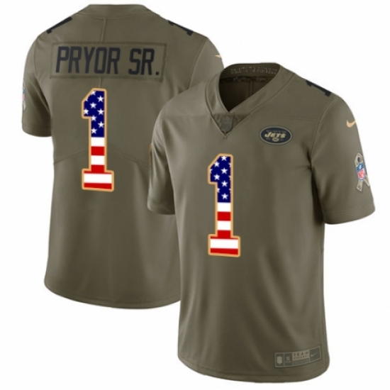 Men's Nike New York Jets 1 Terrelle Pryor Sr. Limited Olive/USA Flag 2017 Salute to Service NFL Jersey