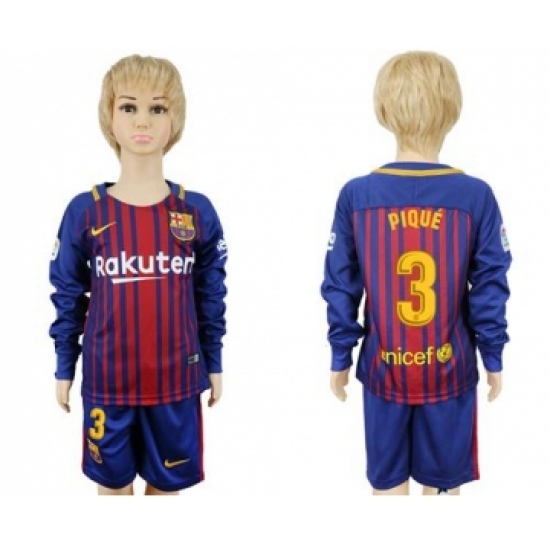 Barcelona 3 Pique Home Long Sleeves Kid Soccer Club Jersey