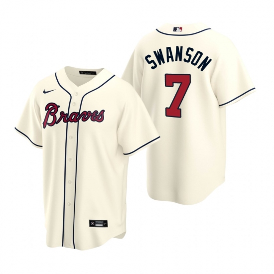Men's Nike Atlanta Braves 7 Dansby Swanson Cream Alternate Stitched Baseball Jersey