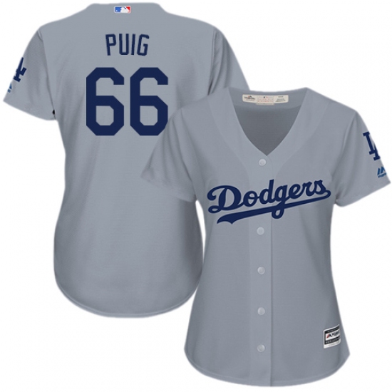 Women's Majestic Los Angeles Dodgers 66 Yasiel Puig Authentic Grey Road Cool Base MLB Jersey