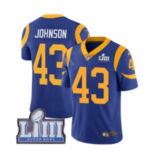 Youth Nike Los Angeles Rams 43 John Johnson Royal Blue Alternate Vapor Untouchable Limited Player Super Bowl LIII Bound NFL Jersey
