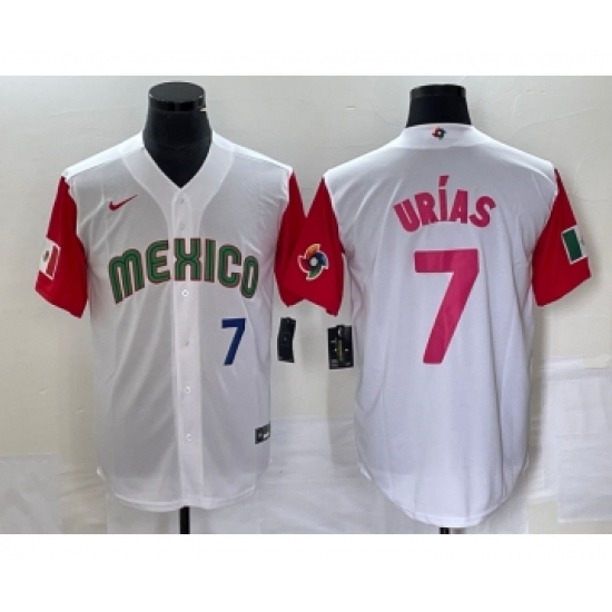 Men's Mexico Baseball 7 Julio Urias Number 2023 White Red World Classic Stitched Jersey 28