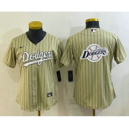 Women's Los Angeles Dodgers Big Logo Number Cream Pinstripe Stitched MLB Cool Base Nike Jersey