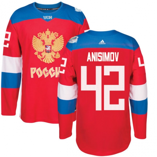 Men's Adidas Team Russia 42 Artem Anisimov Authentic Red Away 2016 World Cup of Hockey Jersey