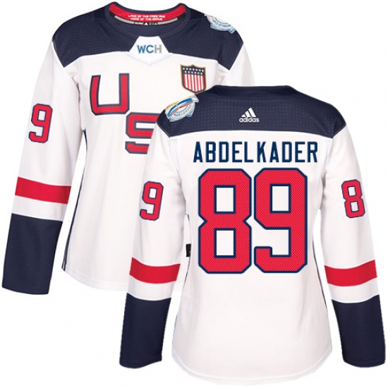 Women's Adidas Team USA 89 Justin Abdelkader Premier White Home 2016 World Cup Hockey Jersey