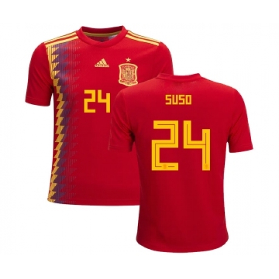 Spain 24 Suso Red Home Kid Soccer Country Jersey