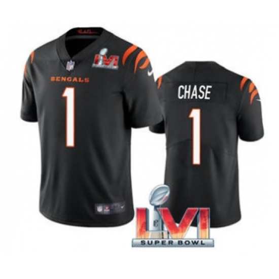 Men's Cincinnati Bengals 1 Ja'Marr Chase Black 2022 Super Bowl LVI Vapor Limited Stitched Jersey