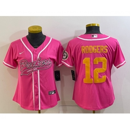 Women's Green Bay Packers 12 Aaron Rodgers Pink Gold With Patch Cool Base Stitched Baseball Jersey