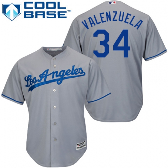 Youth Majestic Los Angeles Dodgers 34 Fernando Valenzuela Authentic Grey Road Cool Base MLB Jersey