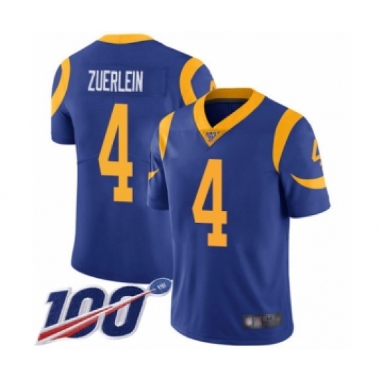 Men's Los Angeles Rams 4 Greg Zuerlein Royal Blue Alternate Vapor Untouchable Limited Player 100th Season Football Jersey