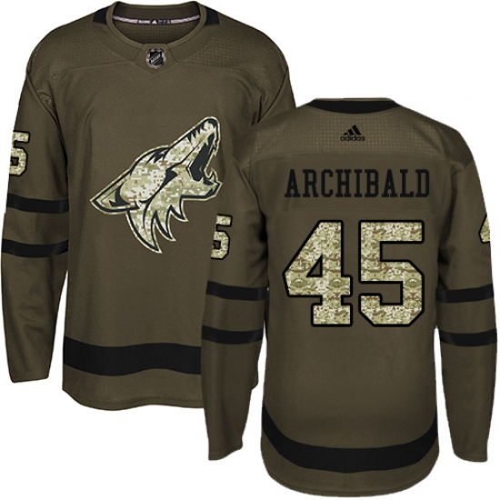 Men's Adidas Arizona Coyotes 45 Josh Archibald Authentic Green Salute to Service NHL Jersey