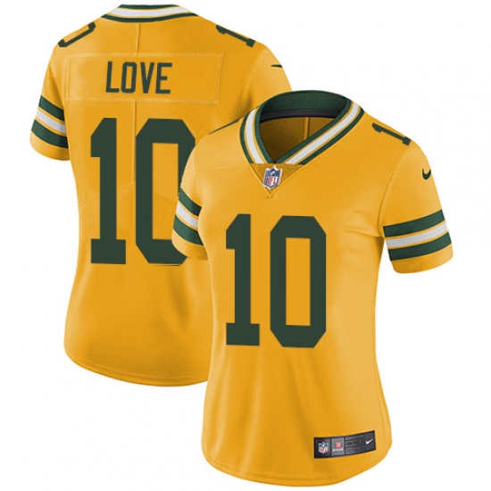 Women's Green Bay Packers 10 Jordan Love Yellow Stitched NFL Limited Rush Jersey