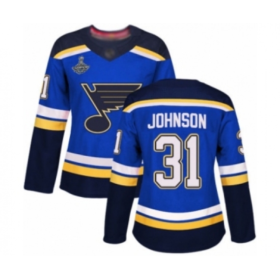 Women's St. Louis Blues 31 Chad Johnson Authentic Royal Blue Home 2019 Stanley Cup Champions Hockey Jersey