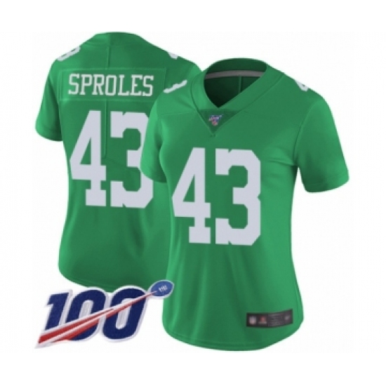 Women's Philadelphia Eagles 43 Darren Sproles Limited Green Rush Vapor Untouchable 100th Season Football Jersey
