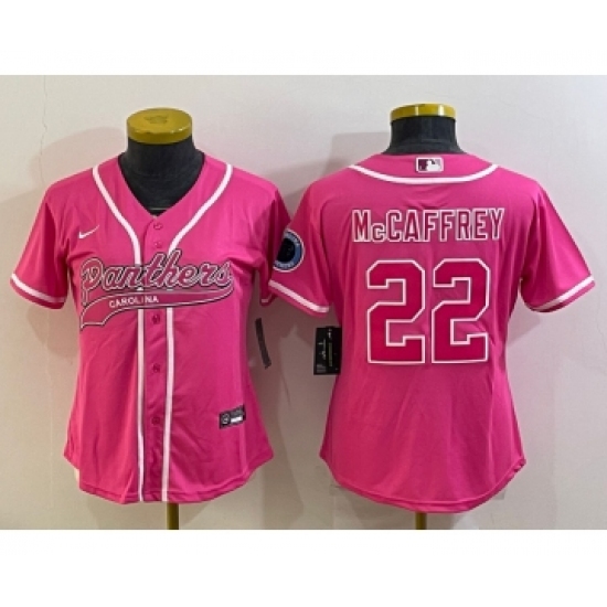 Women's Carolina Panthers 22 Christian McCaffrey Pink With Patch Cool Base Stitched Baseball Jersey
