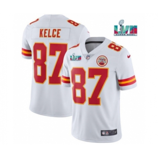 Men's Kansas City Chiefs 87 Travis Kelce White Super Bowl LVII Patch Vapor Untouchable Limited Stitched Jersey