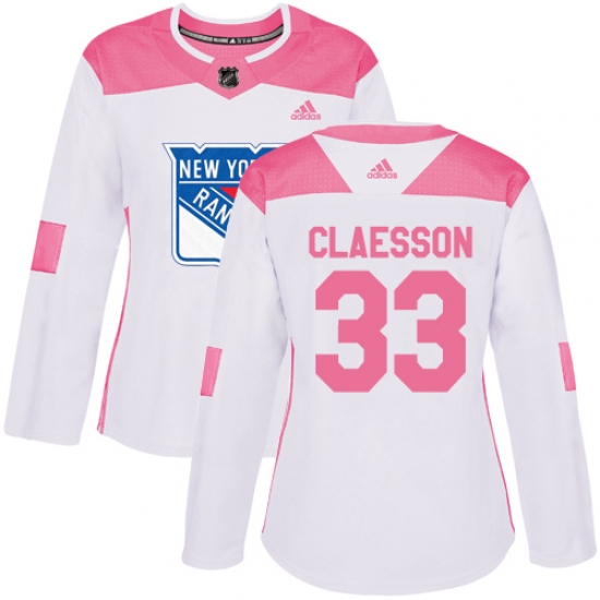 Women's Adidas New York Rangers 33 Fredrik Claesson Authentic White Pink Fashion NHL Jersey