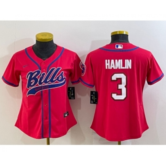 Women's Buffalo Bills 3 Damar Hamlin Red With Patch Cool Base Stitched Baseball Jersey
