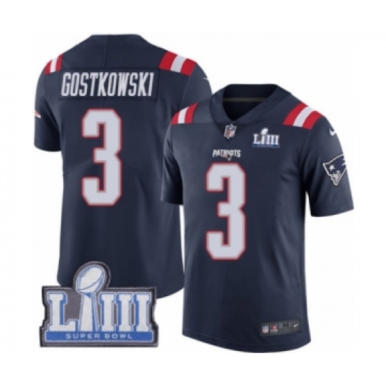 Men's Nike New England Patriots 3 Stephen Gostkowski Limited Navy Blue Rush Vapor Untouchable Super Bowl LIII Bound NFL Jersey