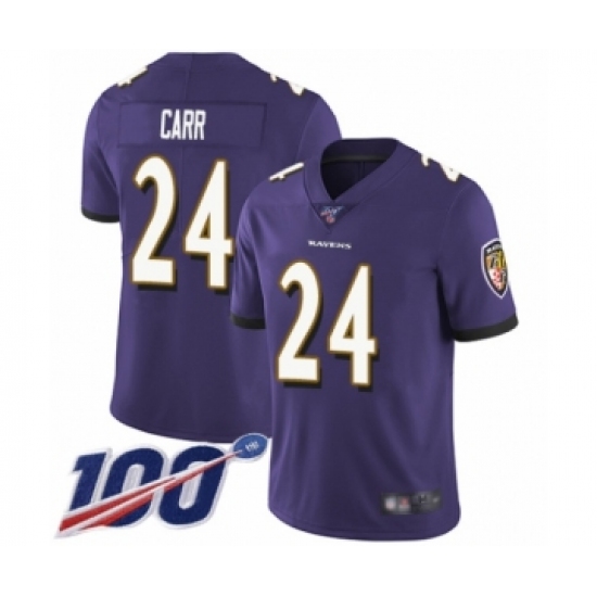 Men's Baltimore Ravens 24 Brandon Carr Purple Team Color Vapor Untouchable Limited Player 100th Season Football Jersey