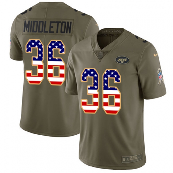 Men's Nike New York Jets 36 Doug Middleton Limited Olive USA Flag 2017 Salute to Service NFL Jersey