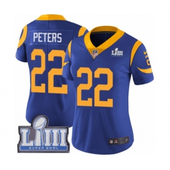 Women's Nike Los Angeles Rams 22 Marcus Peters Royal Blue Alternate Vapor Untouchable Limited Player Super Bowl LIII Bound NFL Jersey