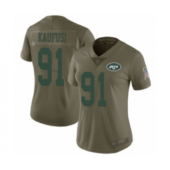 Women's New York Jets 91 Bronson Kaufusi Limited Olive 2017 Salute to Service Football Jersey