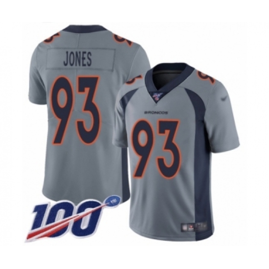 Men's Denver Broncos 93 Dre'Mont Jones Limited Silver Inverted Legend 100th Season Football Jersey