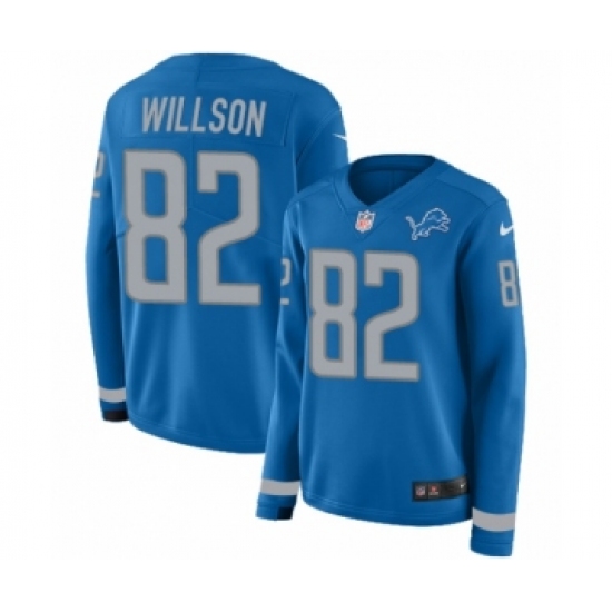Women's Nike Detroit Lions 82 Luke Willson Limited Blue Therma Long Sleeve NFL Jersey
