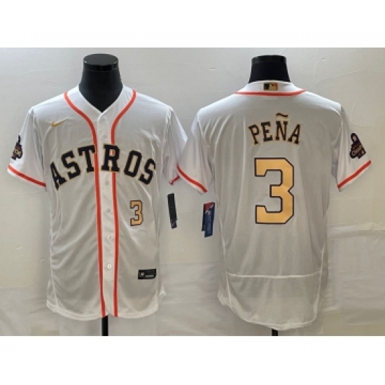 Men's Houston Astros 3 Jeremy Pena Number 2023 White Gold World Serise Champions Flex Base Stitched Jersey1