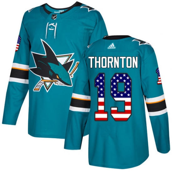 Men's Adidas San Jose Sharks 19 Joe Thornton Authentic Teal Green USA Flag Fashion NHL Jersey